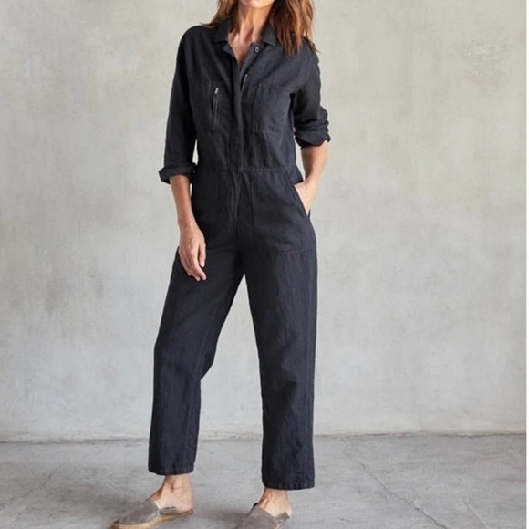 Outerknown Station Jumpsuit in Black Size Large Relaxed Fit Organic Cotton Linen - Picture 1 of 13